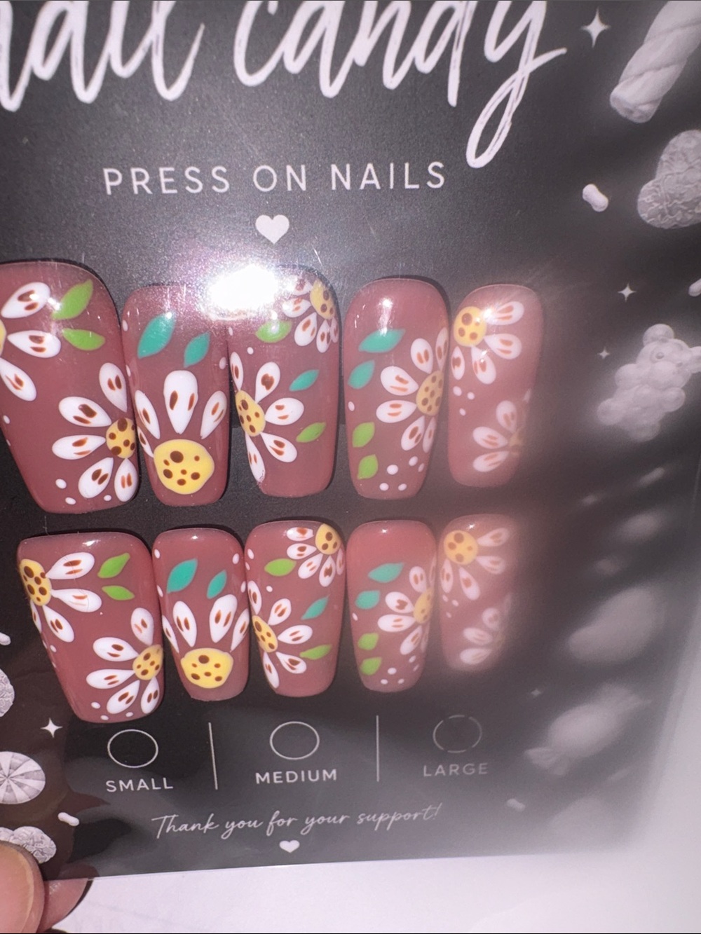 Premium Custom Design Press-On Nail Set: Floral on Pink Brown Base Sz L  $12FIRM